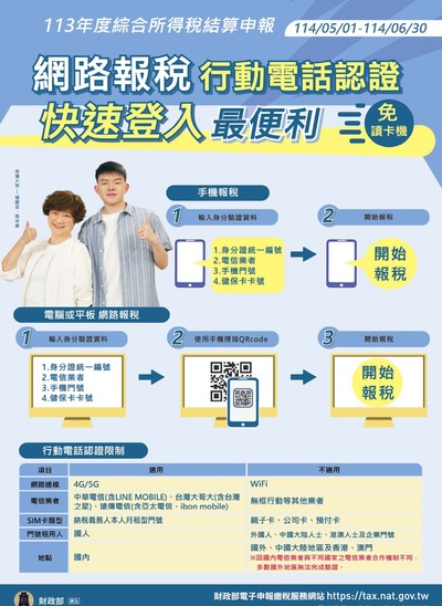 113年度綜所稅結算申報114.05.1~6.30，網路報稅行動電話認證，快速登入最便利(免讀卡機)